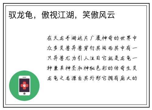 驭龙龟，傲视江湖，笑傲风云