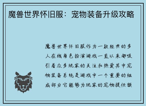 魔兽世界怀旧服：宠物装备升级攻略